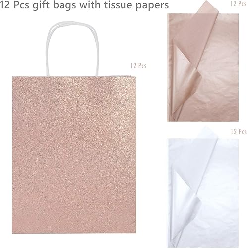 Miniatura 3 de UNIQOOO - 12 bolsas de regalo con purpurina de oro rosa con 12 papel de regalo blanco de 12 pañuelos de oro rosa  Bolsa de papel Kraft para boda