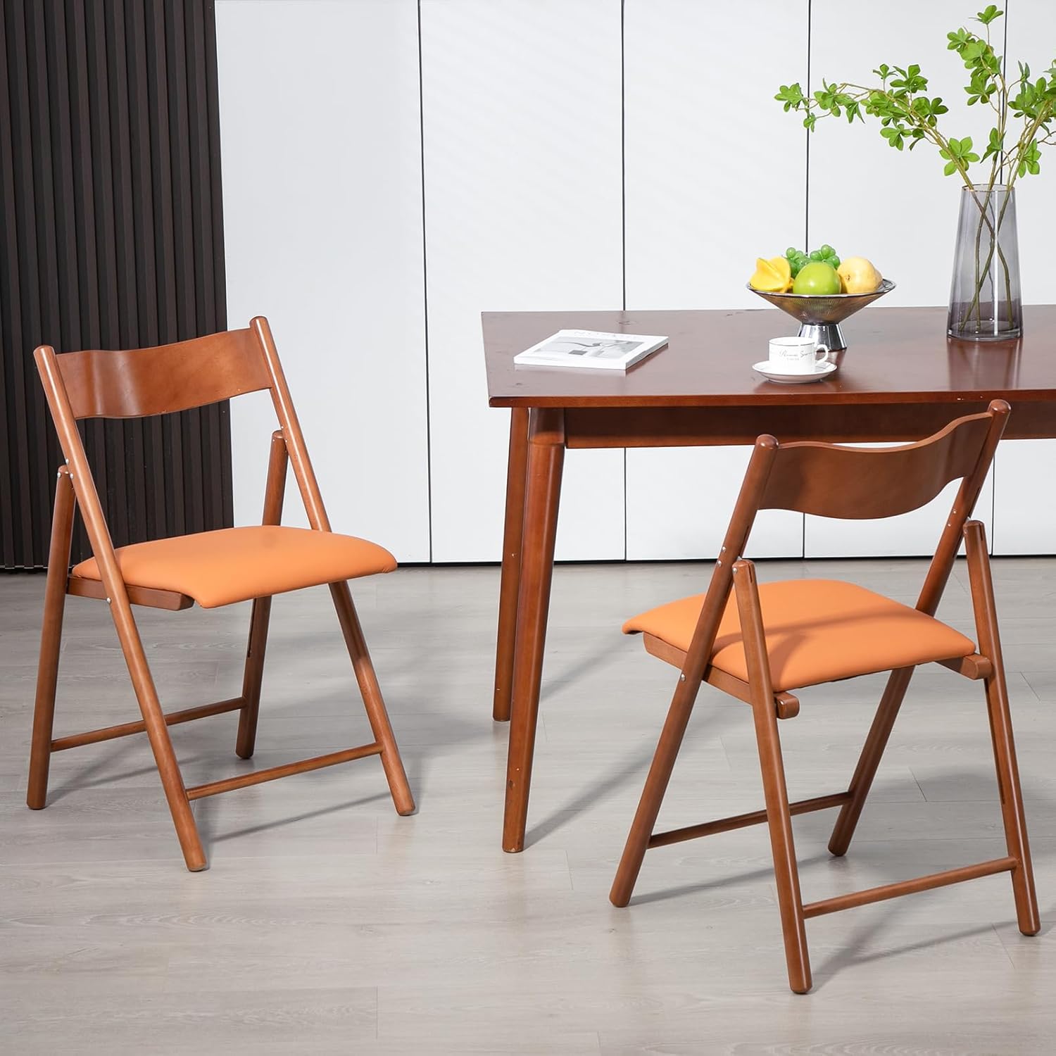 Folding Chairs Set of 2, Wooden Foldable Dining Chairs with Faux Leather Cushion 2-Pack Portable and Stackable Chairs for Dining Kitchen Office Wedding Picnic(Orange,2Pack)