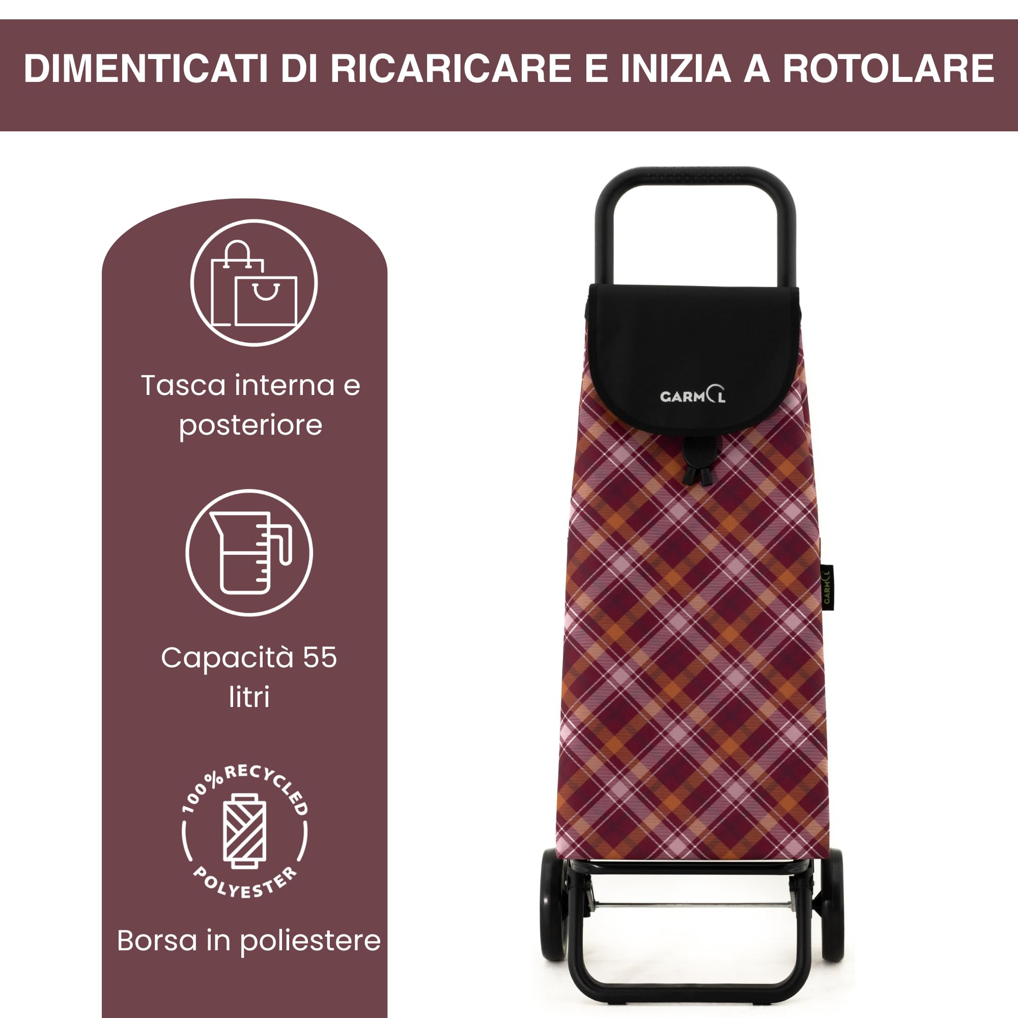 GARMOL Carrello della spesa pieghevole da 55 litri | Carrello della spesa 2 Ruote Grande Capacità | Carrello della spesa pieghevole colore bordeaux