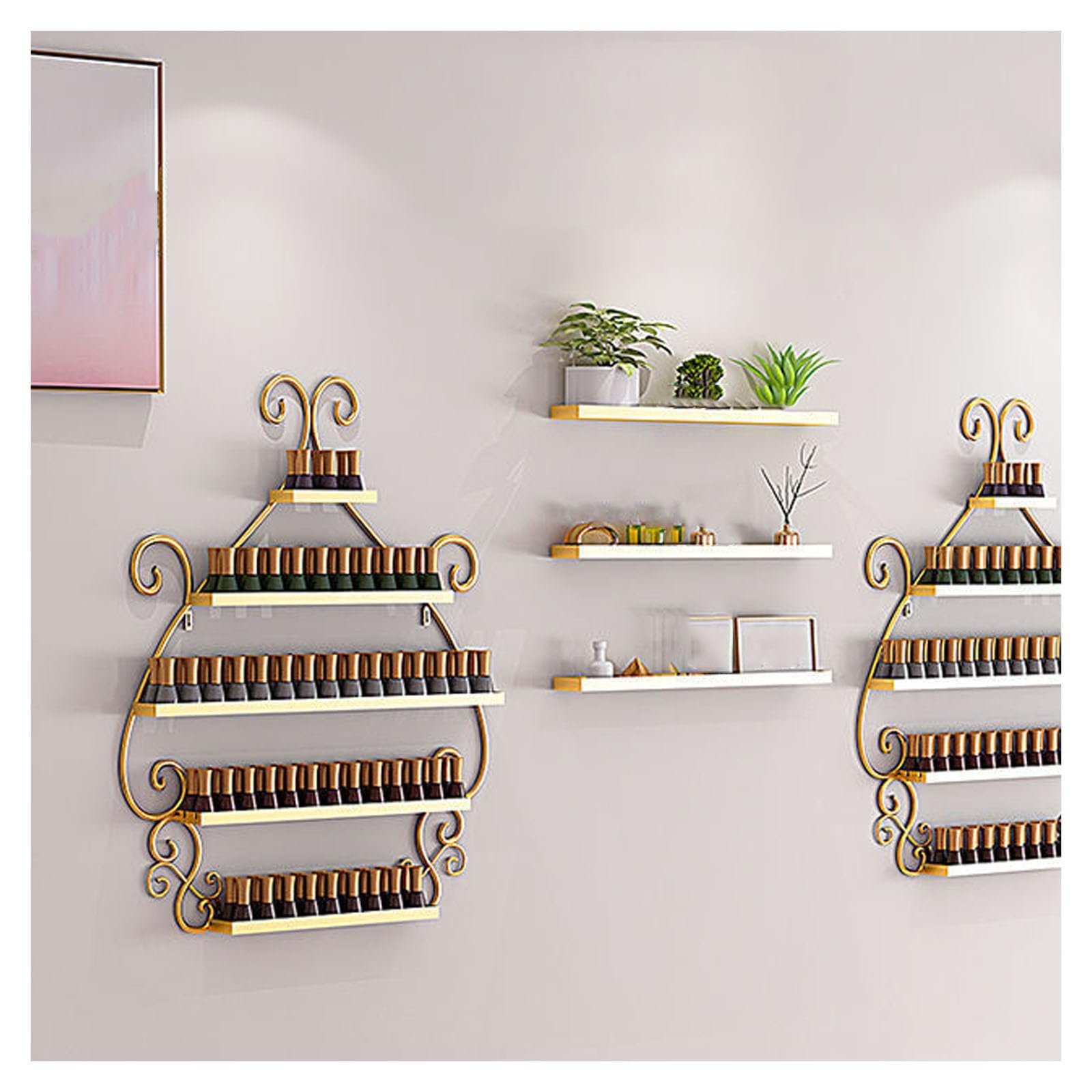 Wandmontiertes Nagellackregal aus Metall für ätherische Öle | 5-stufiges Nagellackaufbewahrungsregale, Nagellack-Display-Regal Wand Organizer Halter für Kosmetik(Gold)