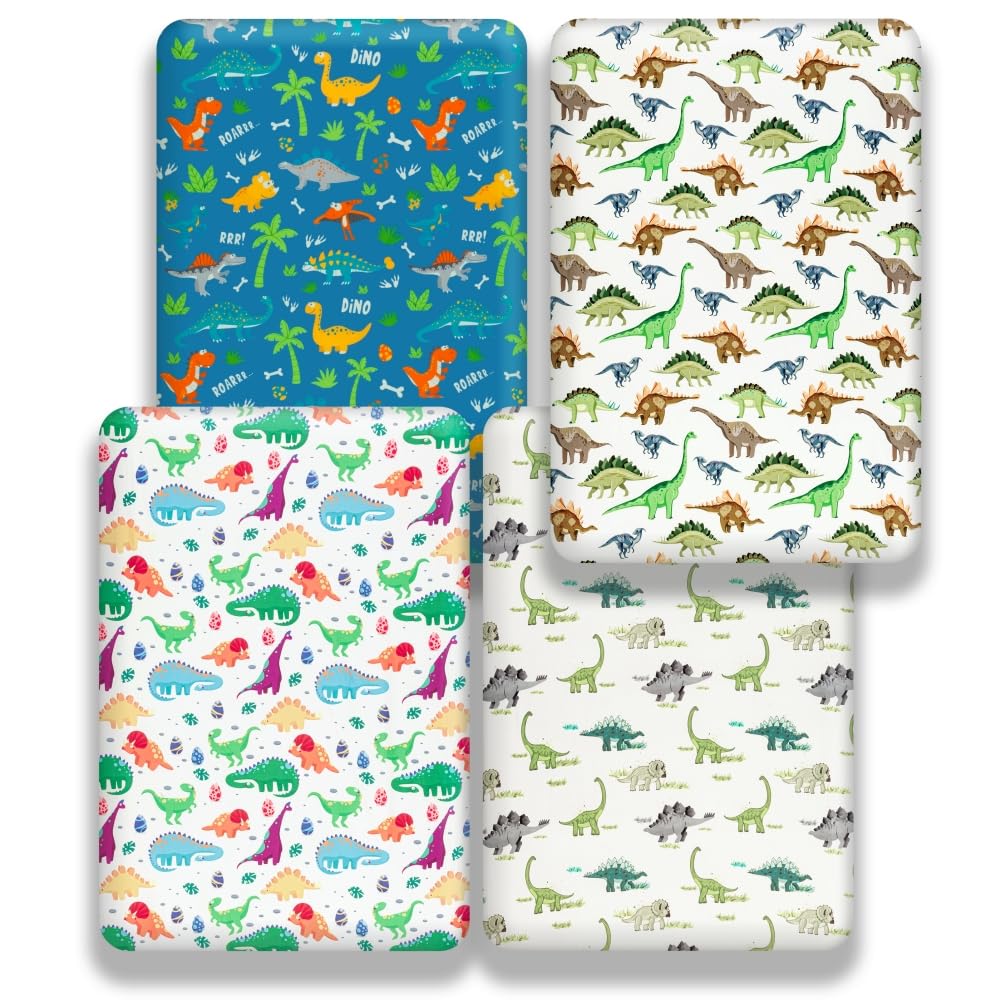 Set di 4 lenzuola per culla per bambino, morbide, con angoli, per cantiere, camion o dinosauro, traspiranti, per neonati (dinosauro, lenzuola per culla)