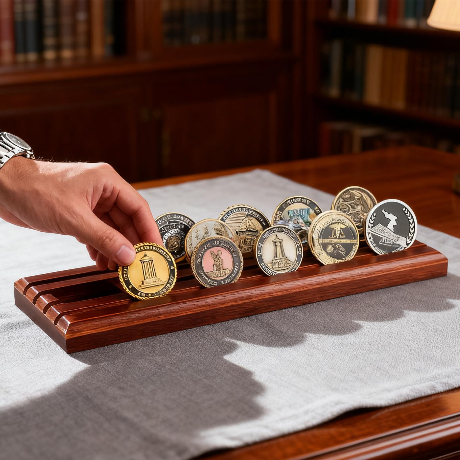 Espositore per monete in legno naturale – 6 slot per carte di credito per oltre 30 monete – Elegante porta monete da collezione per collezione di monete e cimeli – 33 × 13 × 3 cm, stabile contenitore