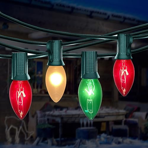 Luces de Navidad de 25 pies para exteriores, luces de Navidad multicolor C9 con 26 bombillas incandescentes rojas, verdes y blancas, tira de luces