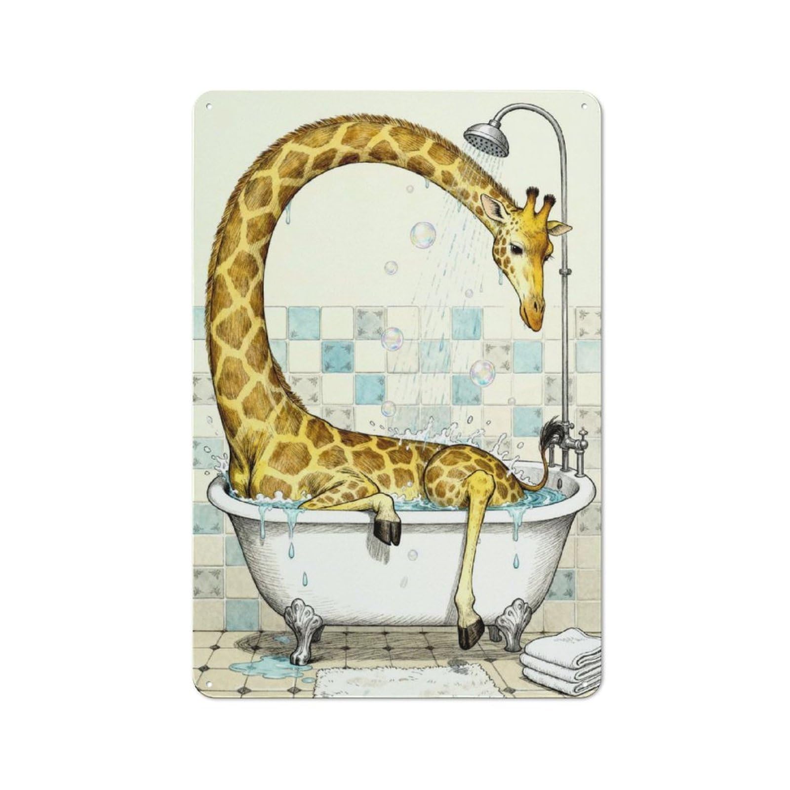 Junmoney Style-22 Retro Giraffe Have Difficulty Taking A Bath Illustration Vintage Tin Sign 30X20cm, Retro Room Decor For Lounge, Study, Pub Or Wall Gallery
