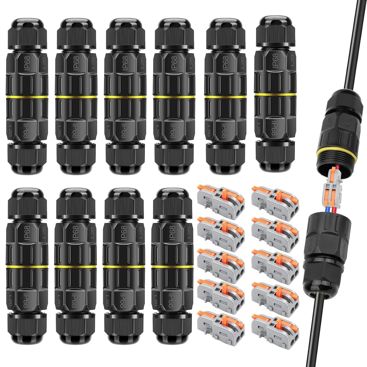 Linkstyle 10-Pack IP68 Waterproof 2 Pin Electrical Cable Connector, Outdoor 2 Way Junction Box 4-10mm Adjustable Wire Box, with Replaceable 1 in 2 Out Lever Wire Connectors for AWG 28-12