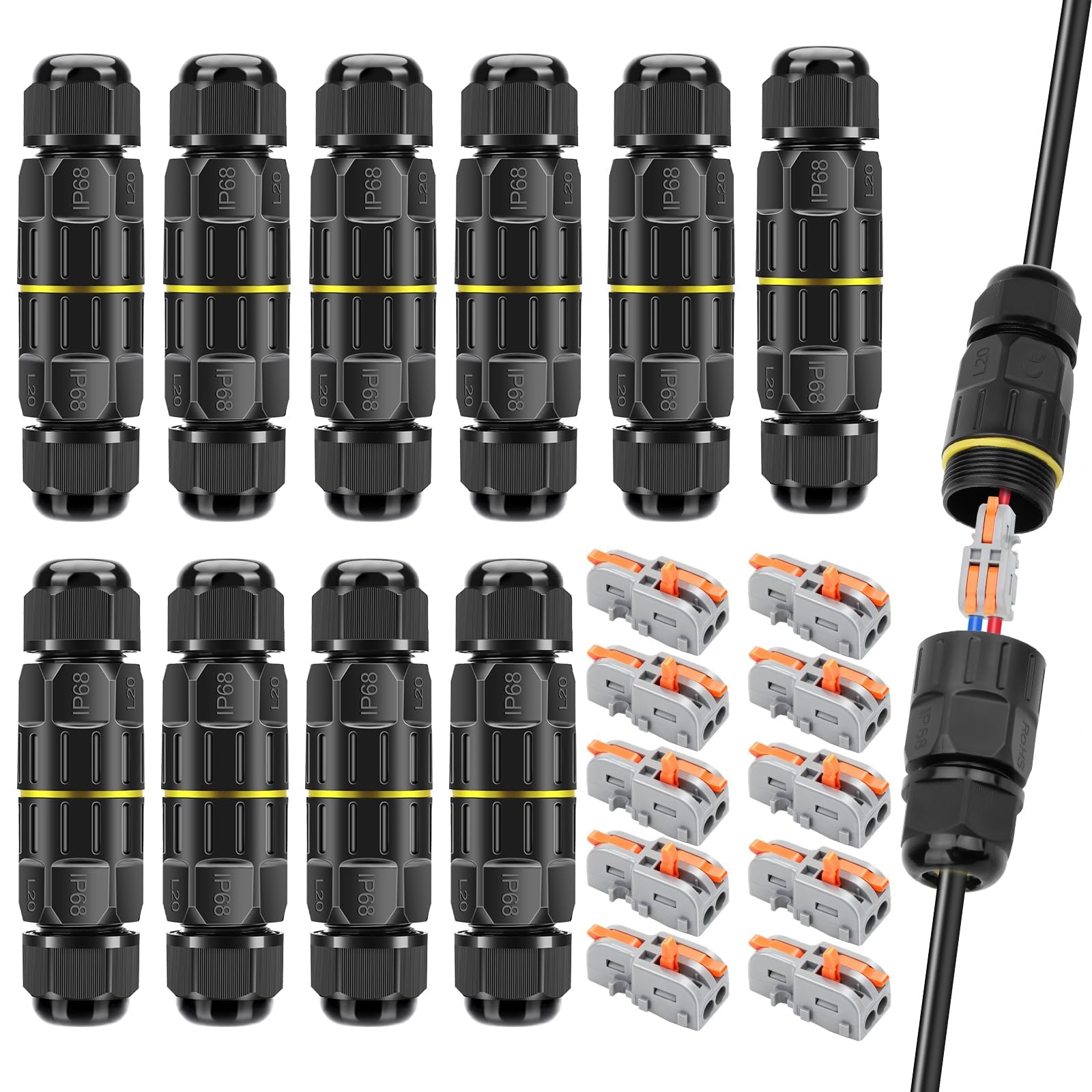 Linkstyle Confezione da 10 connettori per cavi elettrici impermeabili IP68 a 2 pin, scatola di giunzione a 2 vie per esterni, scatola di derivazione regolabile da 4-10 mm, con connettori sostituibili
