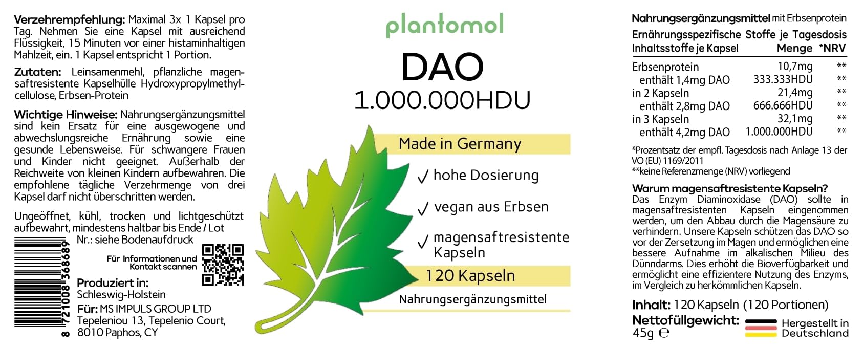 120 DAO Kapseln - 1.000.000 HDU pro Tag - perfekte Dosierbarkeit mit 333.333 HDU/Kapsel (1 bis 3 Kapseln/Tag) - DAO vegan - DAO Enzym aus Erbsen