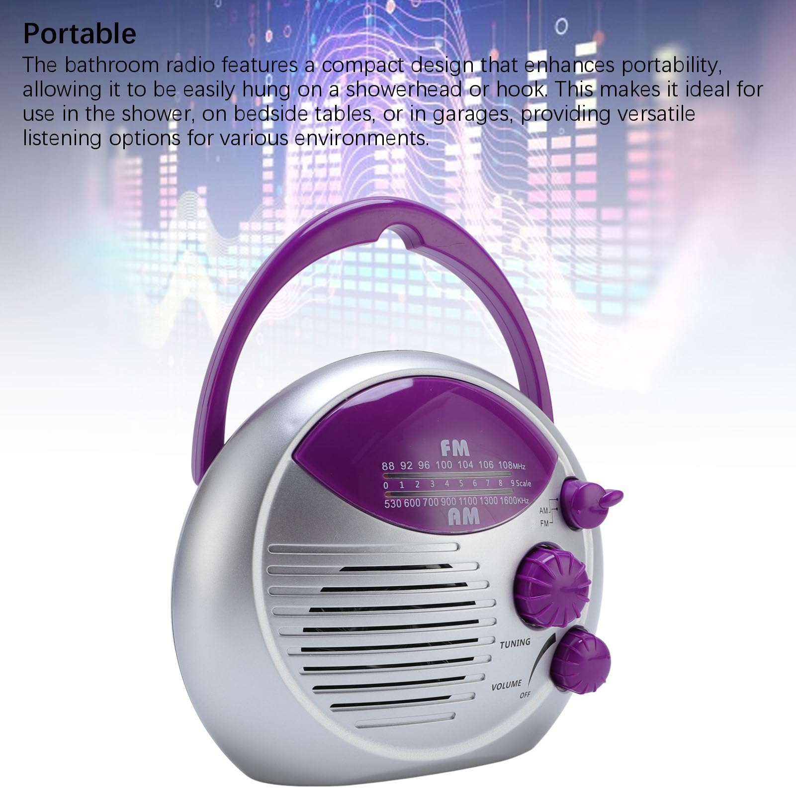 Radio de Douche à L'épreuve de l'eau IPX4, Radio Portable AM ​​FM avec Un Son Clair, pour la Salle de Bain, la Cuisine, L'extérieur, L'alimentation de la Batterie