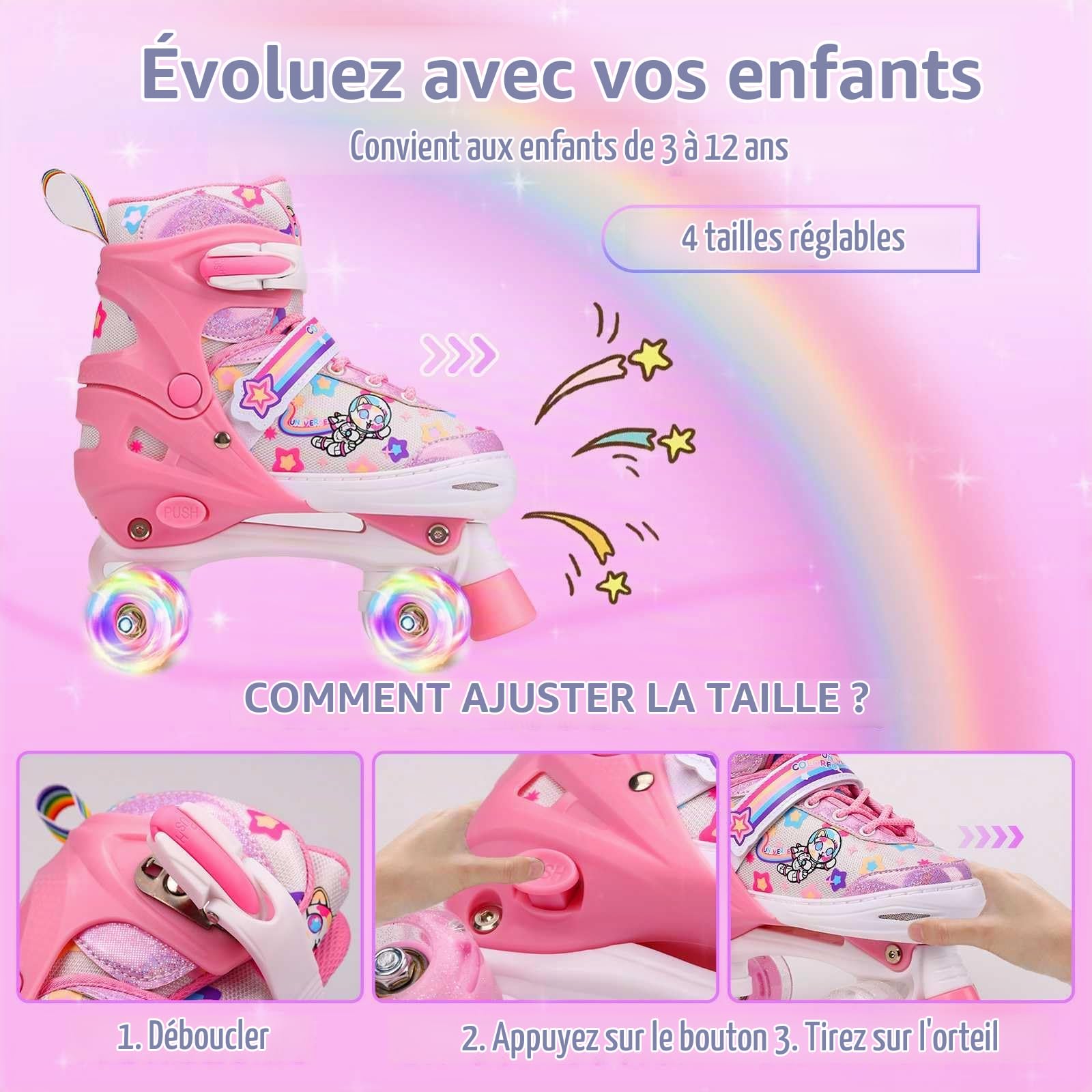 Roller Enfant Fille Patin a Roulette Fille Rollers Quad avec 8 Roues Lumineuses,4 Taille Réglable Patins à roulettes Confortables pour Les Filles et Les garçons et débutants