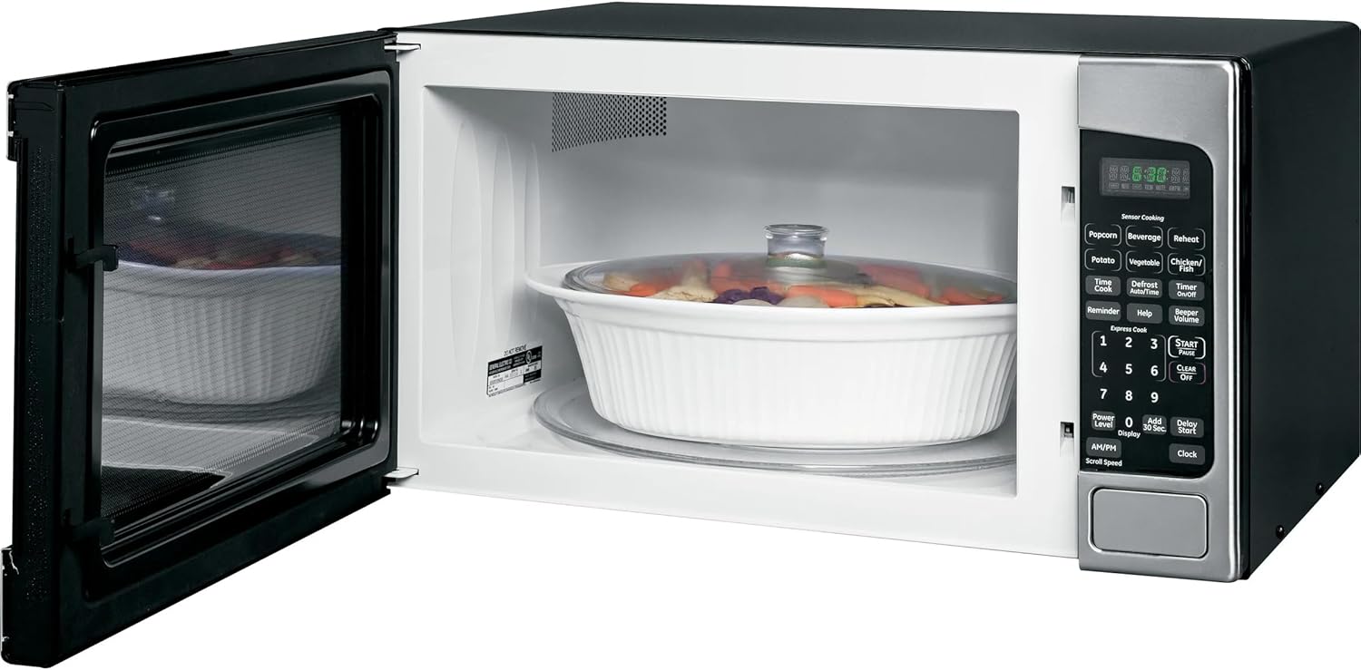 GE JES2051SNSS Countertop Microwave Oven, 1,200-watt Capacity, 2.0 Cubic Ft., 8 Auto Setting Cooking Settings, Kitchen Essentials for the Countertop, Dorm Room or Apartment, Stainless Steel