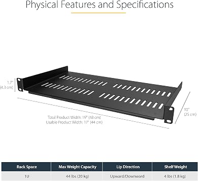 8 Outlet Horizontal 1U Rack Mount PDU Power Strip, Black & 1U Vented Server Rack Cabinet Shelf - 10 Deep Fixed Cantilever Tray (CABSHELFV1U)
