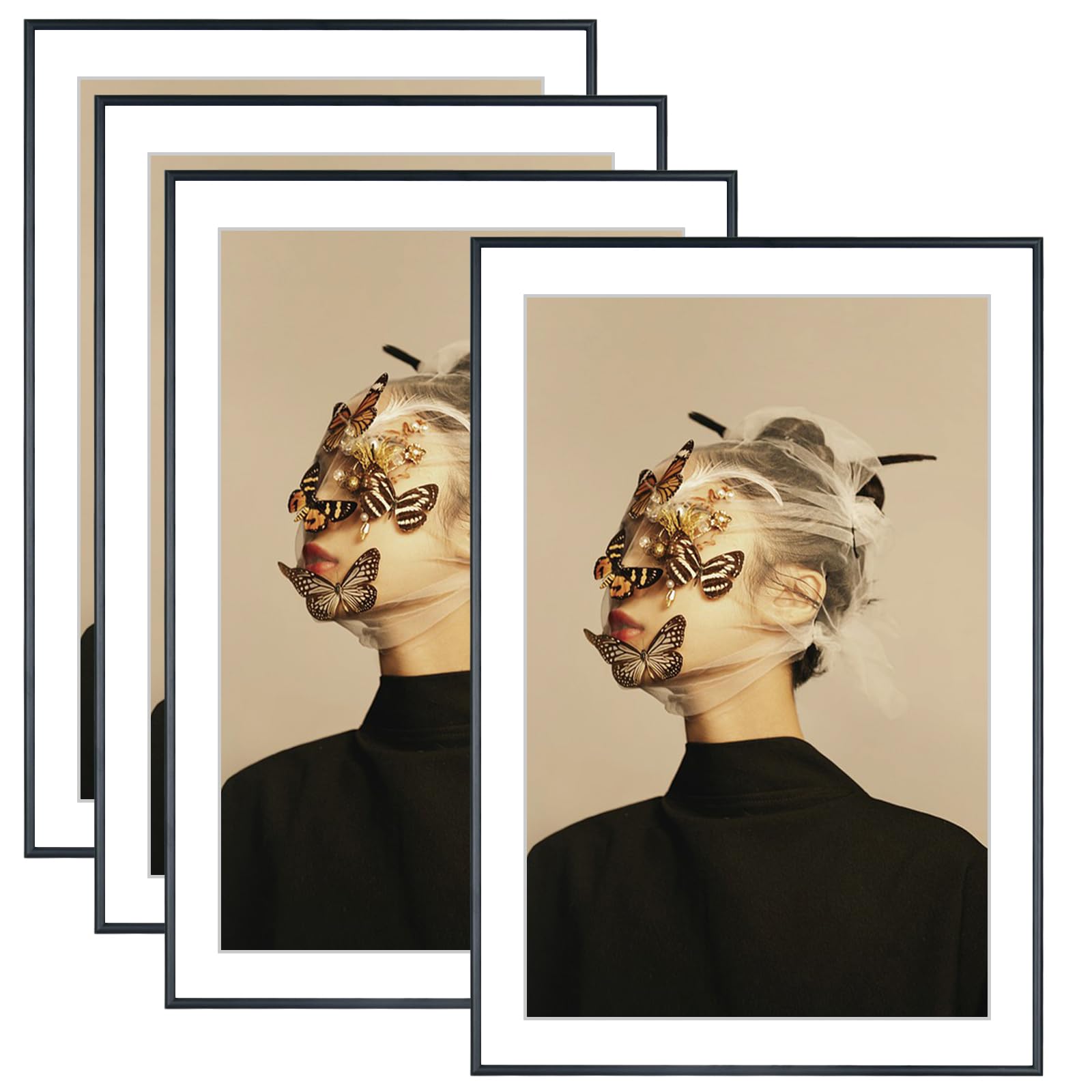 13x19 Picture Frame Set of 4, Matted Black Modern Aluminum Metal Photo Frame, Fits 11x17 with Mat or 13 x 19 without Mat, Vertical and Horizontal Wall Mounting
