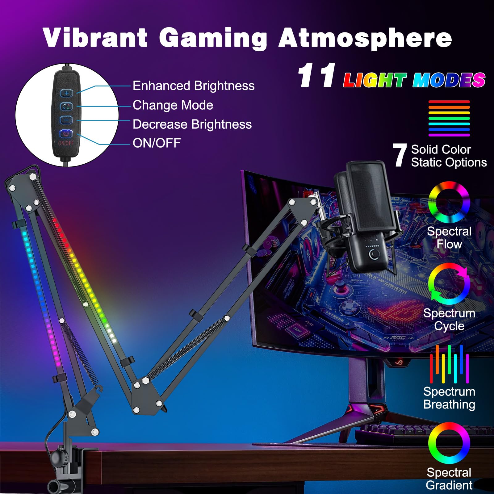 Ramię wysięgnikowe do mikrofonu, stojak na mikrofon biurkowy ze światłem RGB, regulowany uchwyt do zawieszenia mikrofonu ze śrubą 3/8" do 5/8", idealny do TikTok, transmisji na żywo, śpiewania