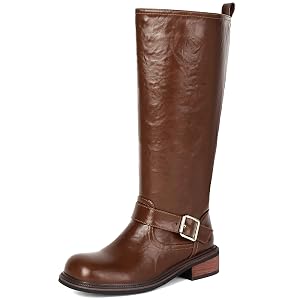 Elbslutt Womens Knee High Riding Boots Round Toe Low Chunky Block Heel Tall Boots Long Moto Biker Motorcycle