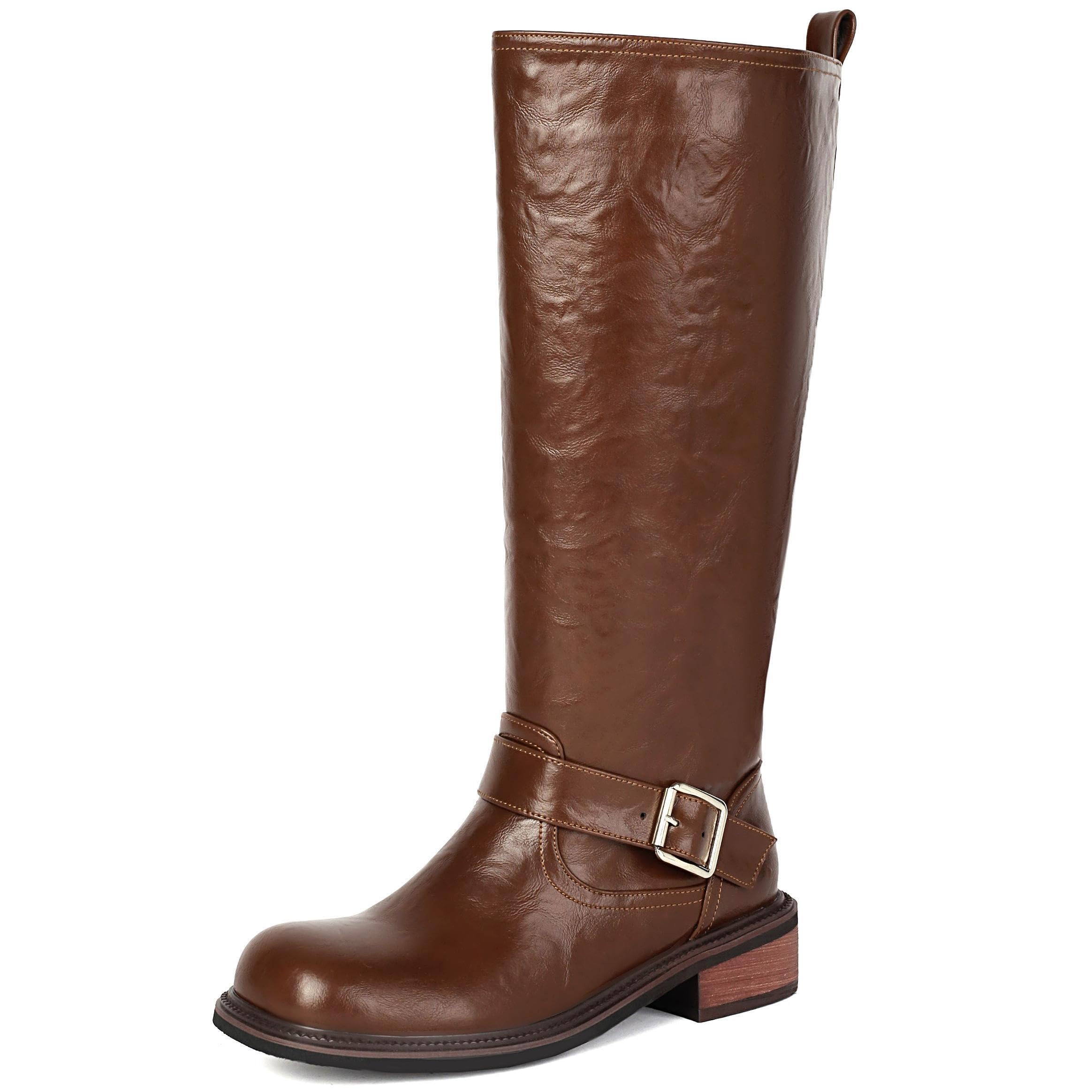 Elbslutt Womens Knee High Riding Boots Round Toe Low Chunky Block Heel Tall Boots Long Moto Biker Motorcycle