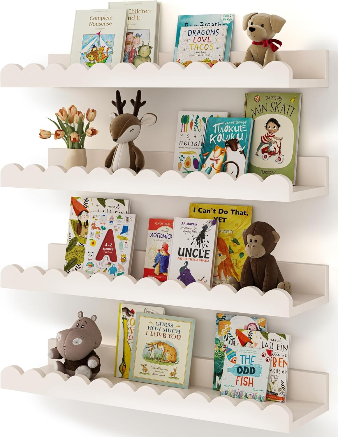 WooDintu Nursery Book Shelves, 4-Pack White Floating Shelves for Wall Kids, Scalloped Shelves, Wall Book Shelves for Bedroom Kids, Toddler Room, Baby Room, Nursery Decor White (18 Inch)