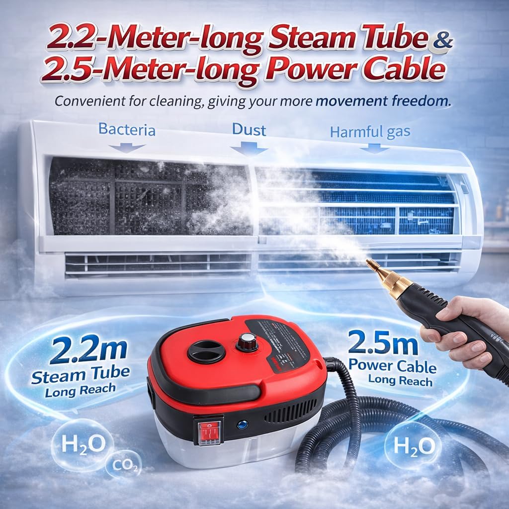 2500W Handheld High Temperature Pressurized Steam Cleaner,High Temperature-Free Portable Steamer with Large Tank for Grease, Grout, Kitchen, Bathroom, Car & Home Cleaning (Red, Upgraded)