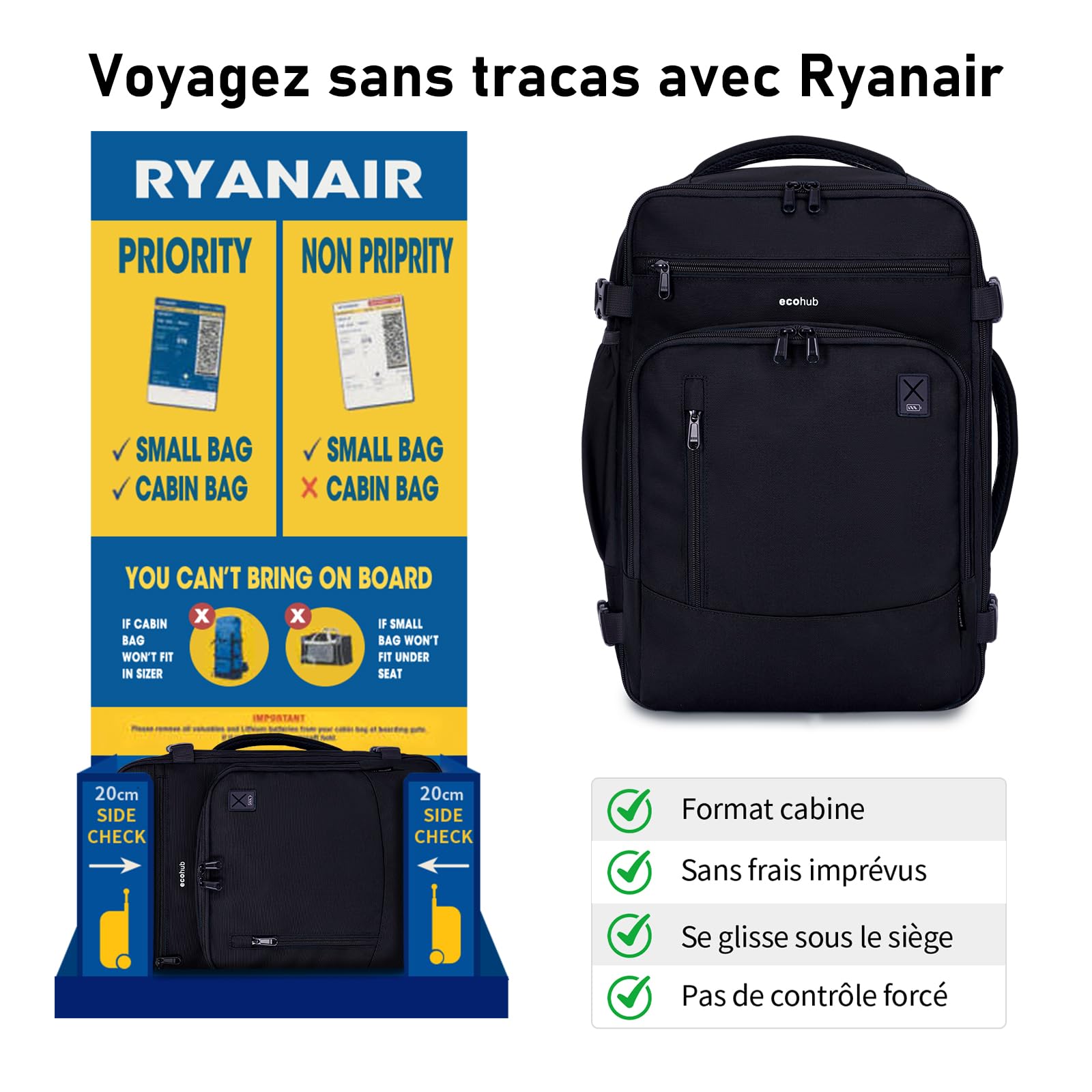 ECOHUB Bagages Cabine 40x20x25 Ryanair Sac a Dos Voyage Cabine Avion Bagage à Main Sac à Dos Ordinateur Portable 14 Pouces Homme Recyclable PET Ecologique Sous le Siège Sac Portatif 20L(Noir)