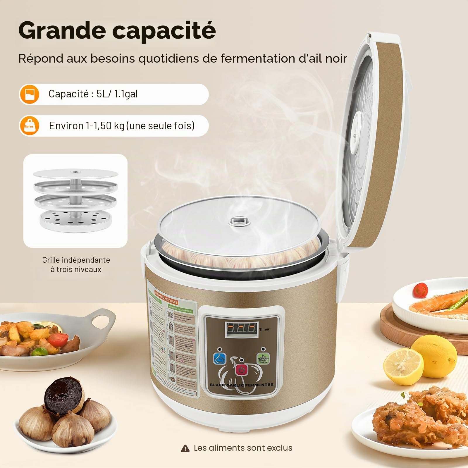 Fermenteur d'ail noir - 90 W - Contrôle automatique intelligent - Avec contrôle du temps et de la température - Pour la fabrication d'ail noir, yaourt alimentaire