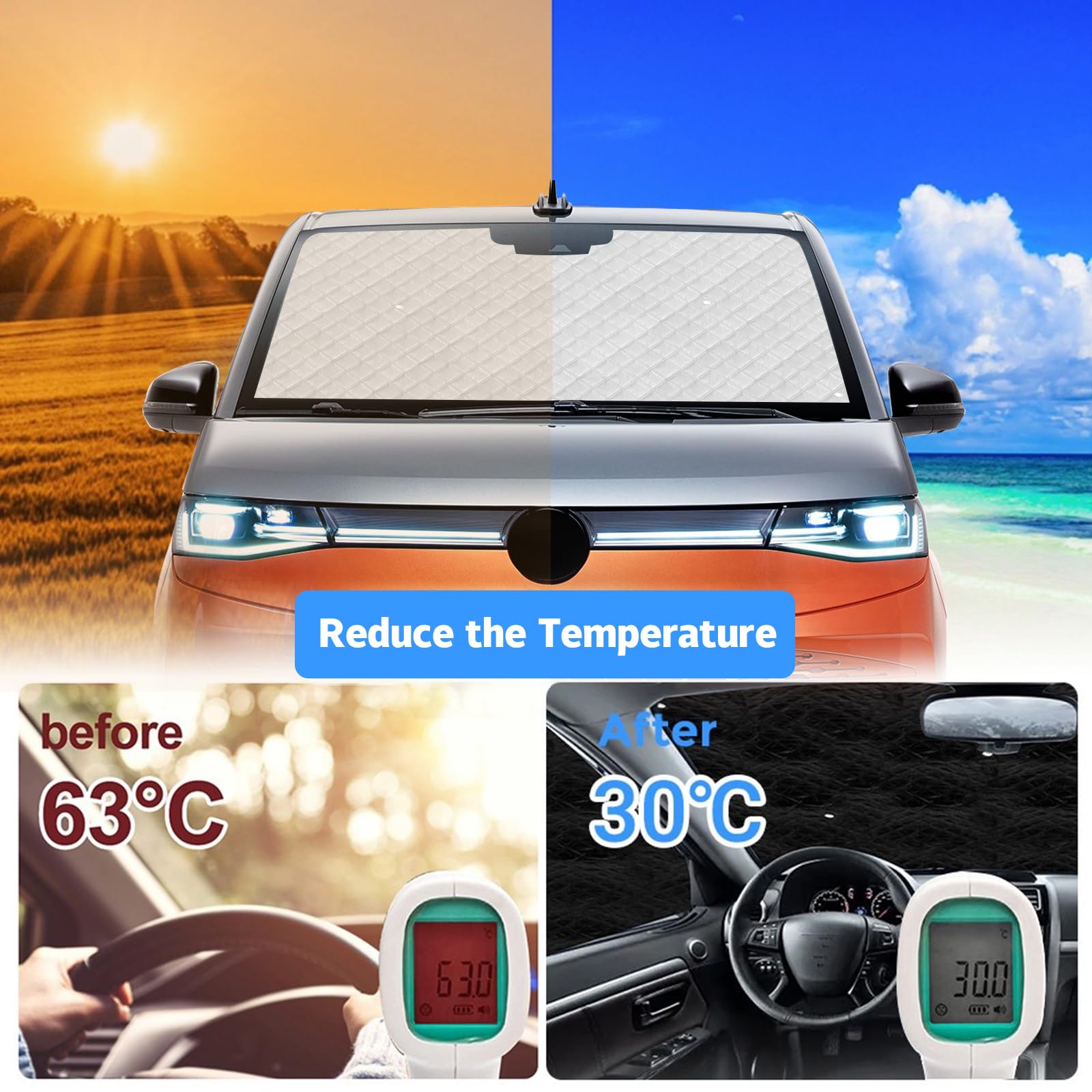 Sonnenschutz Auto Frontscheibe Ersatz für VW T7, 3 STK Thermomatte | Faltbarer Sonnenschutz für Auto Innenabdeckung, Internes Set mit Aufbewahrungstasche, 100% Okklusion