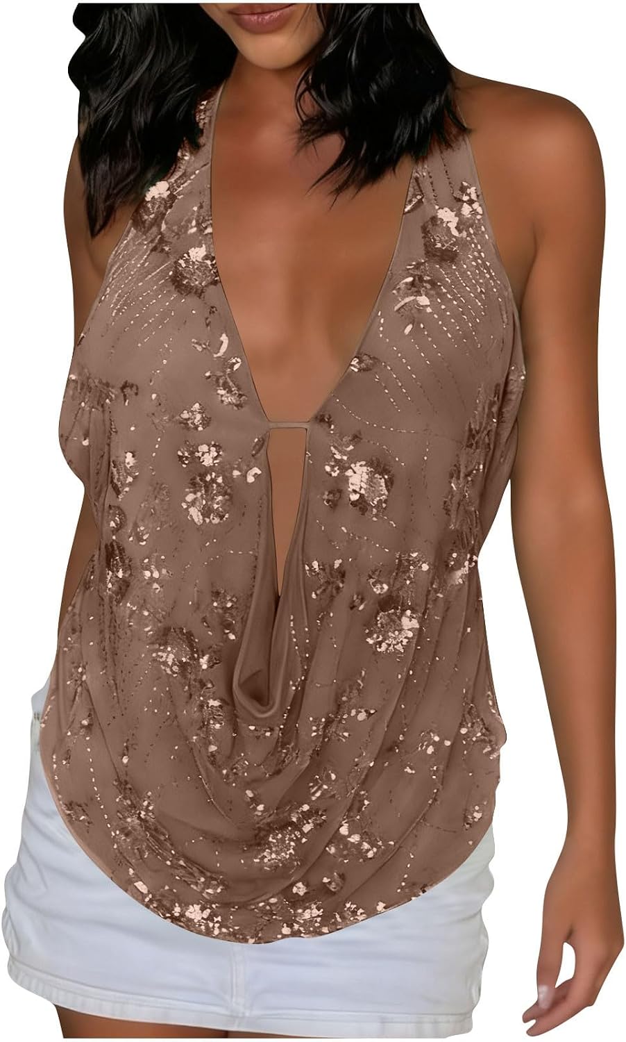 Women's Sequin Cowl Neck Halter Tops Glitter Deep V Neck Low Cut Backless Tank Top Sparkle Going Out Party Tops