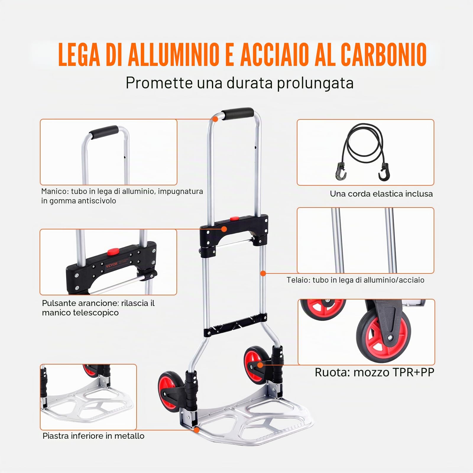 VEVOR Carrello a Mano Pieghevole Portata Max. 80 kg Carrello a Mano in Alluminio Pieghevole per Carichi Pesanti con Ruote in Gomma Maniglia Telescopica per Trasporto Domestico Merci di Magazzino 80kg