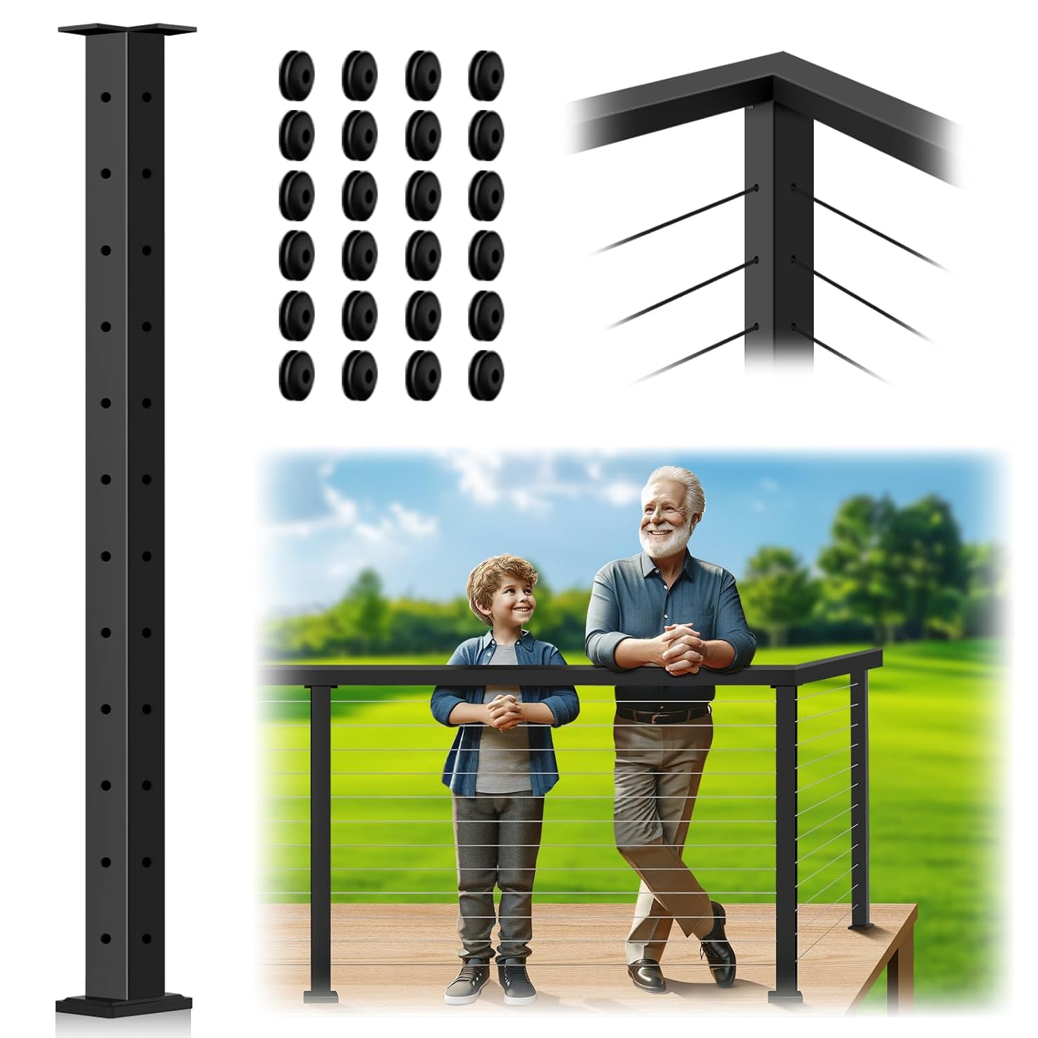 Corner Post Cable Railing 42" (Post 41"x2"x2"), 90° L-Drilled Metal Corner Post with Cable Grommets, Stainless Steel Fixed Top Handrail Corner Post, Black Finish Wire Railing Corner Deck Post 42" Corner Post-1 Pack 1