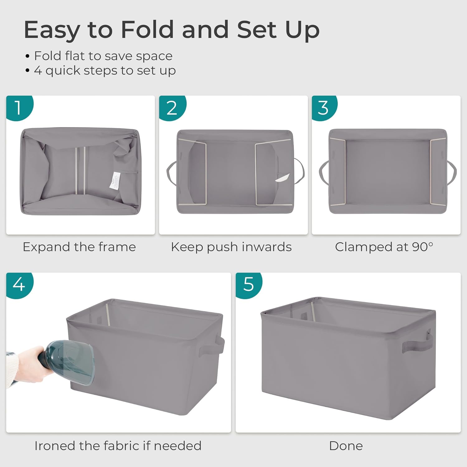 Storage Basket Bins with Metal Frame, Large Collapsible Fabric Storage Baskets for Organizing Shelf, Basket Organizer W/Handles for Towels, Laundry, Office, Home, 5-Pack, Grey