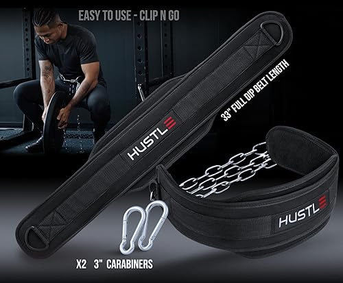 Miniatura 5 de Hustle Athletics Cinturón de inmersión para levantamiento de pesas, dominadas y sentadillas con acolchado ergonómico y cadena de acero resistente,