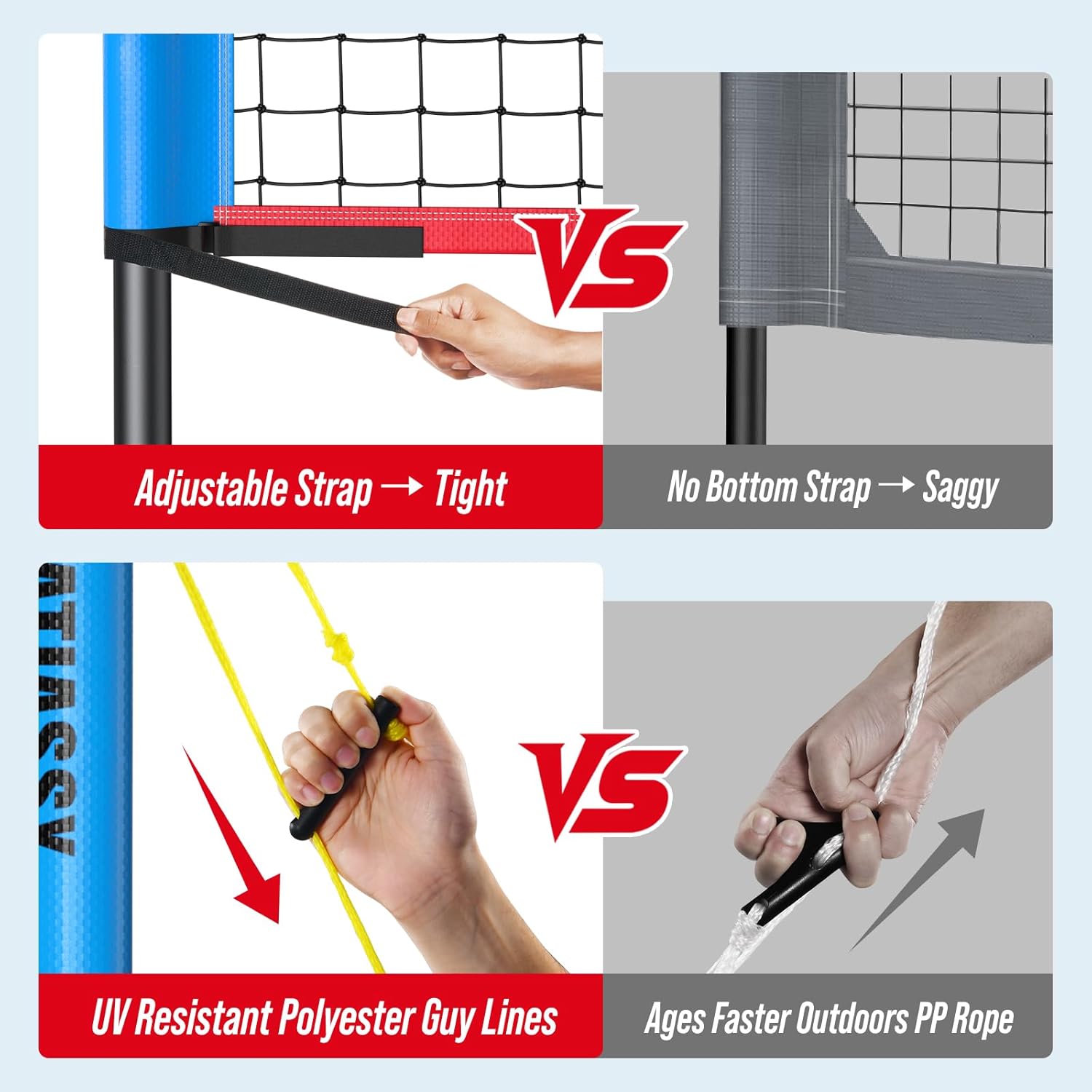 Volleyball Net Set with Adjustable Width (20FT/26FT/32FT), Height Adjustable Outdoor Net System for Backyard Beach, Anti-Sag Tension Strap, Steel Stakes, Volleyball with Pump, Scoreboard & Carry Bag
