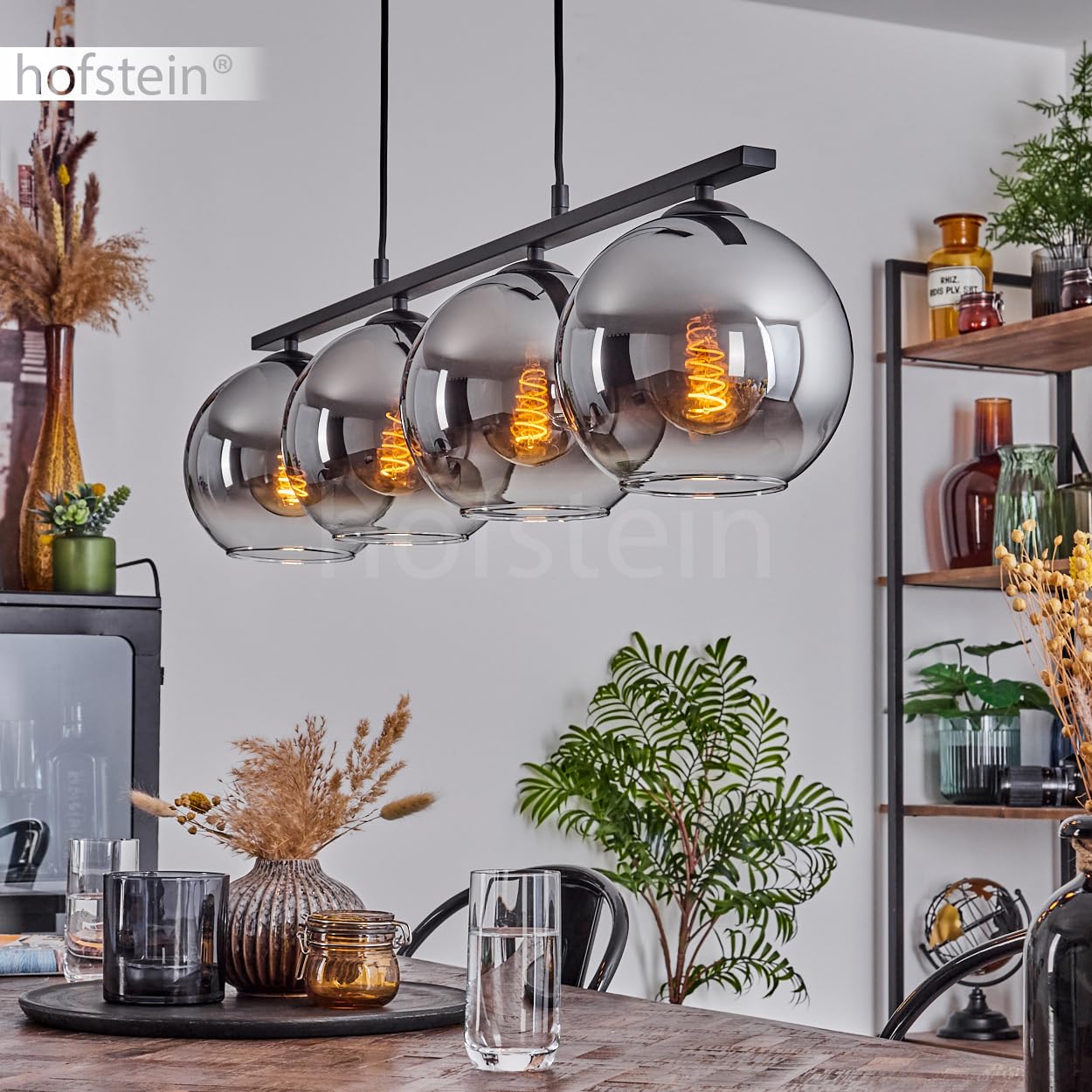 Pendelleuchte Koyoto, Hängelampe aus Metall/Glas in Schwarz/Chromfarben/Klar, Hängeleuchte im Retro/Vintage-Design mit Glasschirmen (Ø 20 cm), 4-flammig, Höhe max. 116,5 cm, 4 x E27, ohne Leuchtmittel