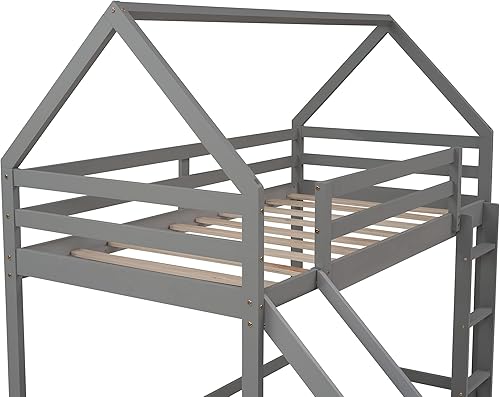 Miniatura 48 de P PURLOVE Litera de casa individual sobre individual con tobogán para niños, adolescentes, litera de madera tamaño individual con techo para sala de