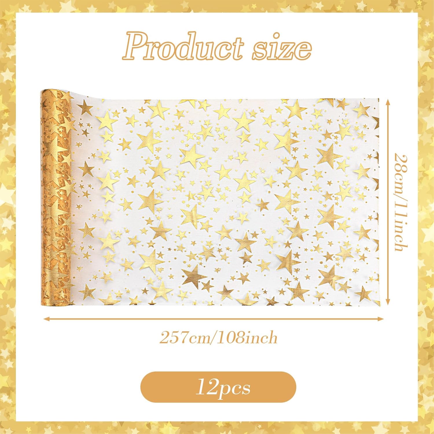 cobee 12 Rolls Gold Star Table Runner, 11x108 Inch Glitter Metallic Mesh Table Decor Star Tabletop Runner Gold Tablecloth for Wedding Birthday Christmas Party Decorations