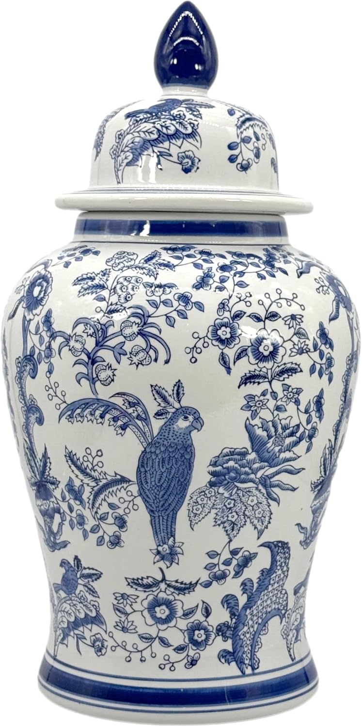 Galt International Large 25" Brown & White Classic Landscape Chinoiserie Ceramic Temple Jar w/Lid - Ginger Jar Home & Kitchen Decor for Interior Design - 25-inch