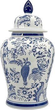 Galt International Large 25" Blue & White Parrot Floral Chinoiserie Ceramic Temple Jar w/Lid - Ginger Jar Home & Kitchen Decor for Interior Design - 25-inch