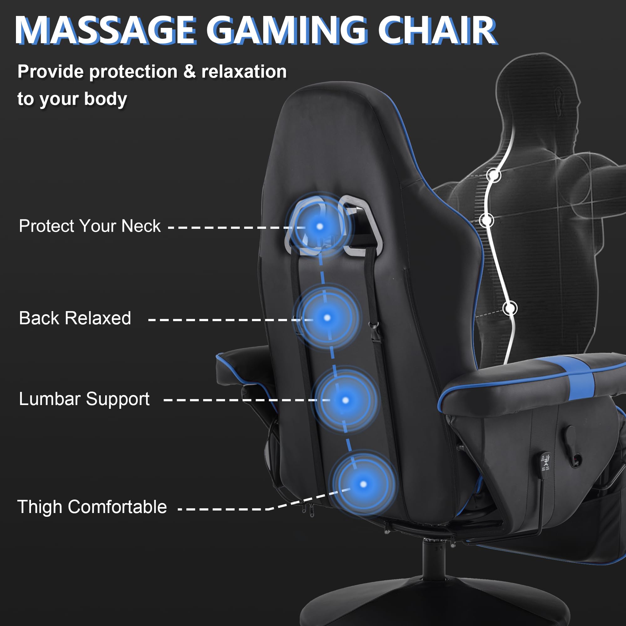 IBXFO Gaming Chair with Massage for Adults, Comfy Reclining Gaming Chair with Footrest, Adjustable Backrest and Cup Holder, Black