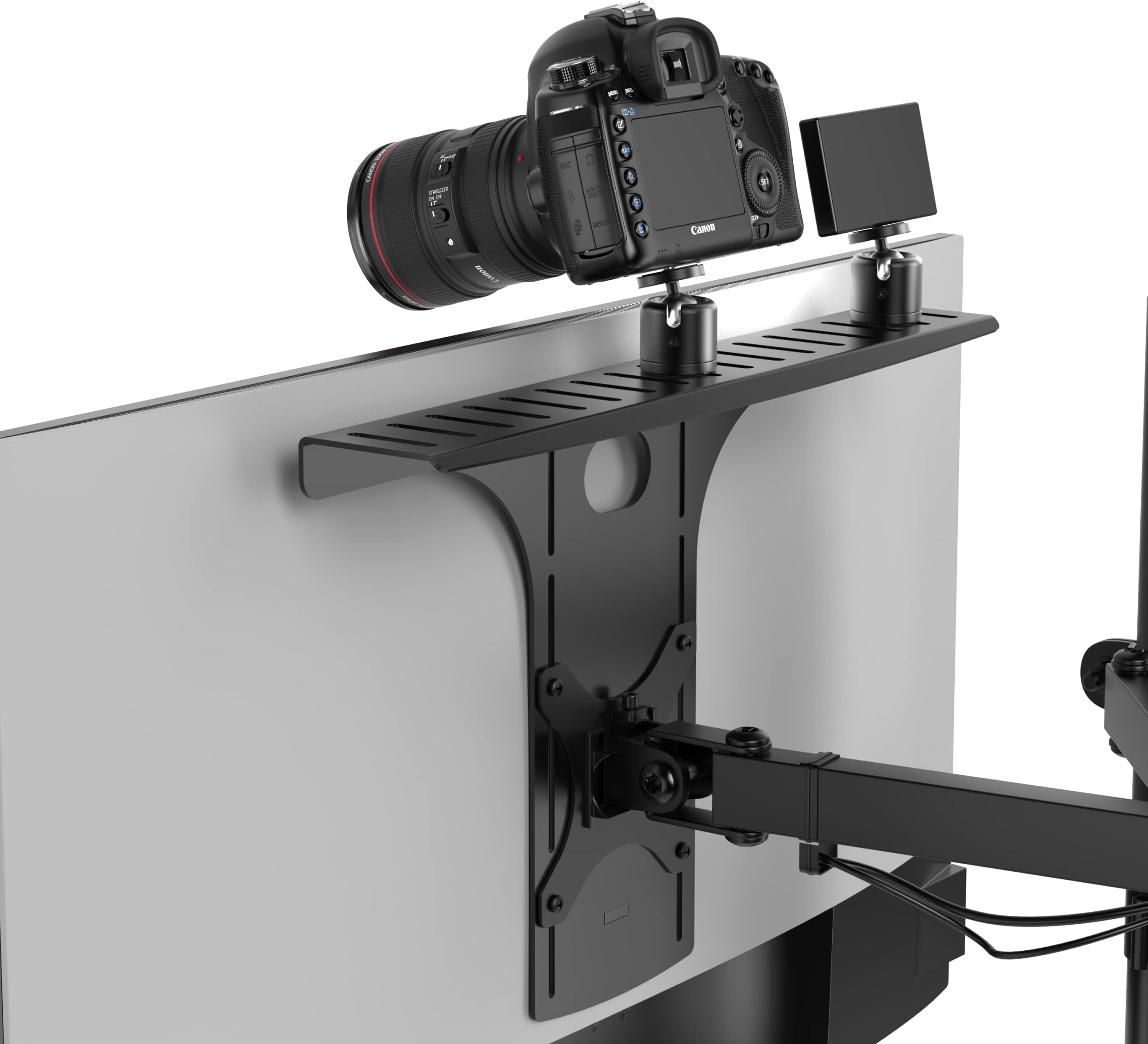 HumanCentric DSLR Monitor Mount Large, Desk Camera Mounting, Light Webcam, Microphone Shelf for Monitor VESA Arm, Replace Clamp Tripods, 100x100mm Patterns, Aluminum, Hardware Included