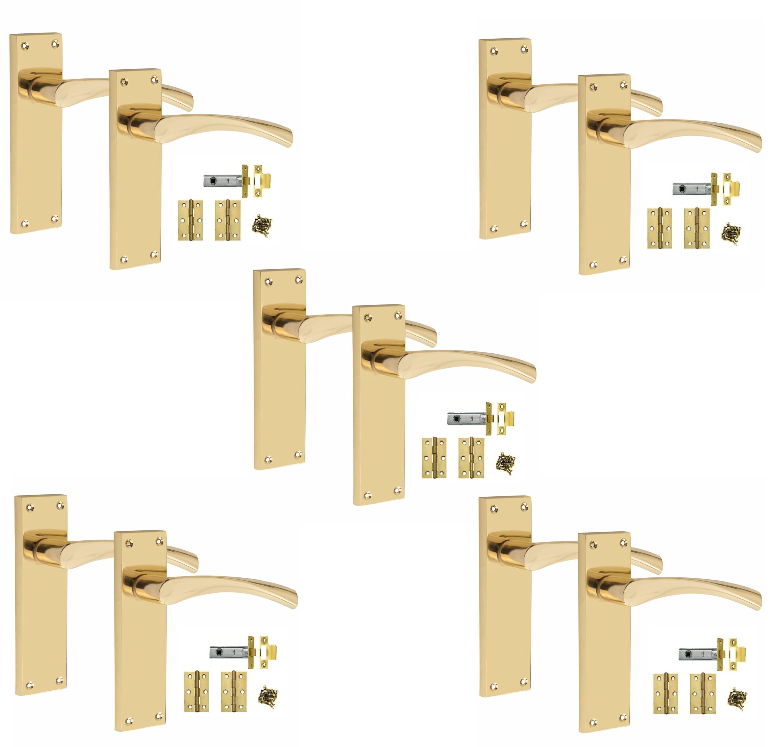 Golden Grace Victorian Scroll Astrid Door Handles Latch in Polished Brass with 1 Pair of 3" Standard Butt Hinges & Latches Pack, 5 Sets - 150mm x 40mm Backplate