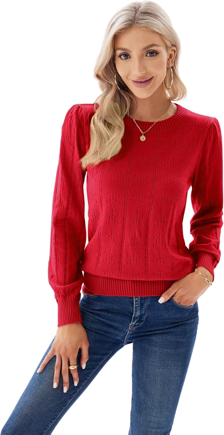 GRACE KARIN Women's Long Lantern Sleeve Crew Neck Crochet Top Hollow Out Fall Pullover Sweater - Image 2