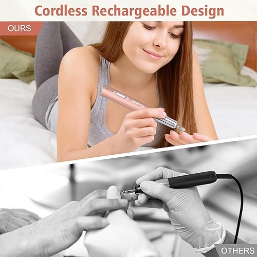 Miniatura 3 de Enniewi Taladro de uñas, lima de uñas eléctrica recargable e inalámbrica, taladro eléctrico de uñas de 25000 RPM con 10 brocas para uñas acrílicas