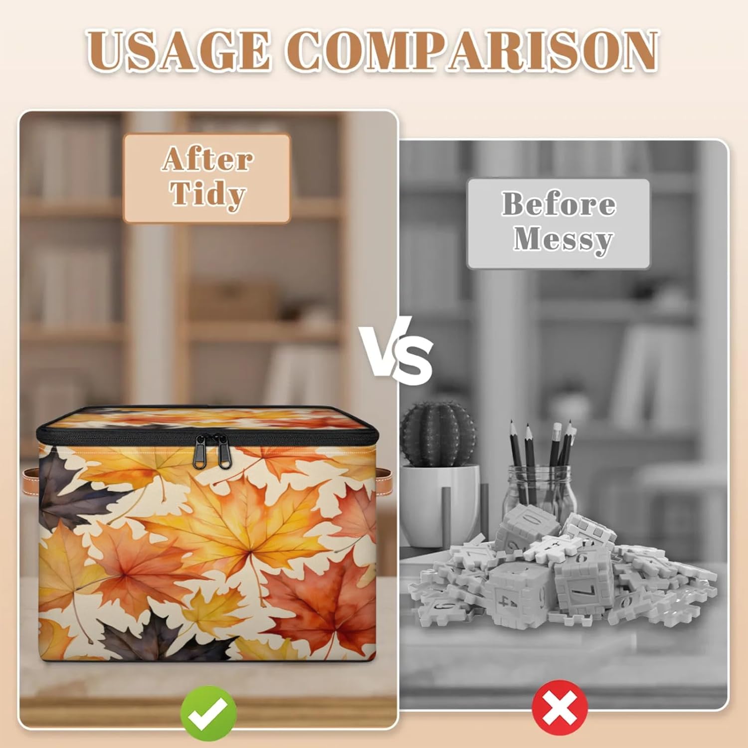 Storage Bin Set of 2 Maple Leaves Storage Basket with Zipper Lid & Handle Foldable Closet Shelf 2 Pack Cloth Organizer Basket Cube Bins Clothes Organizer for Nursery, Bedroom