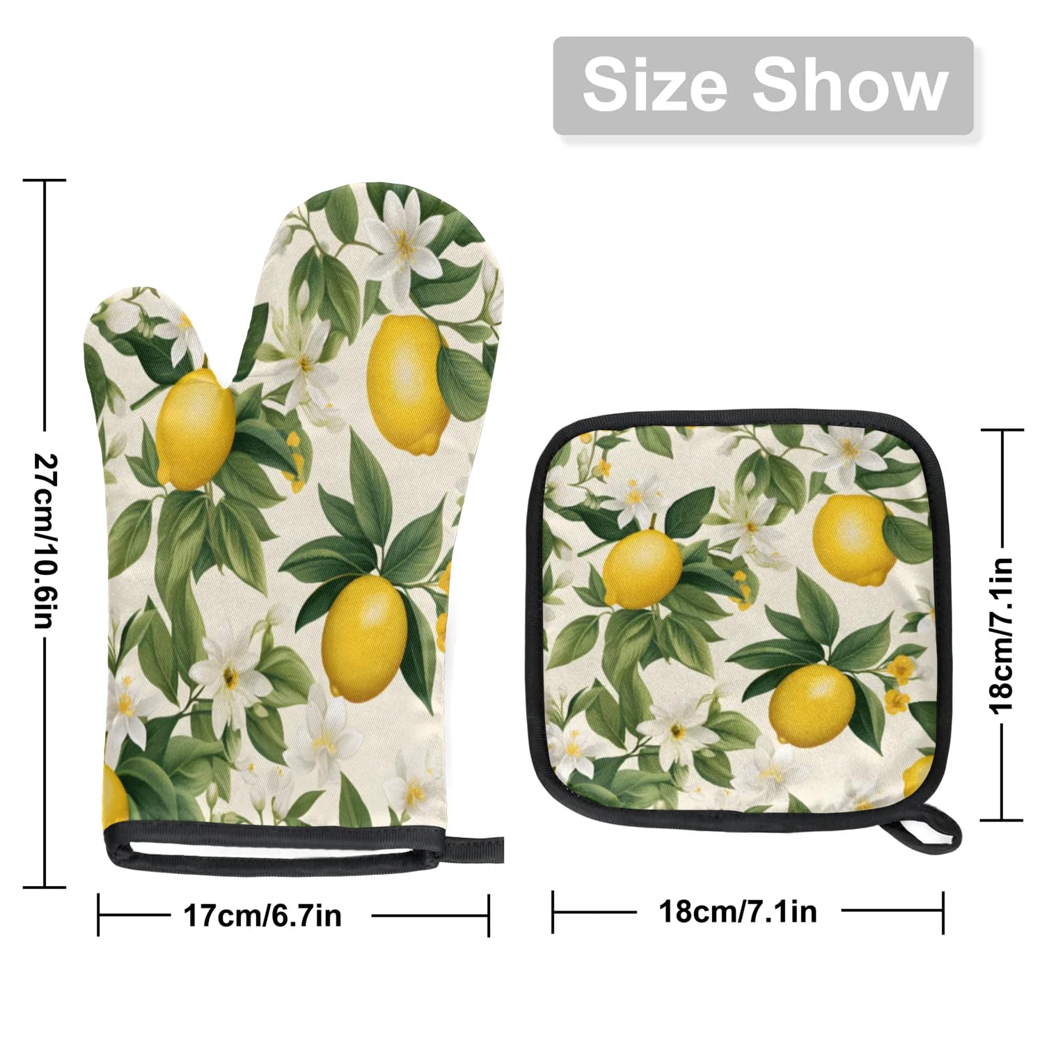 Lemon Grass Leaf Oven Mitts Kitchen Oven Gloves for Cooking Baking Heat Proof Lining Cotton Kitchen Potholder Mittens Pot Holders Hot Pads for Chef Women Men