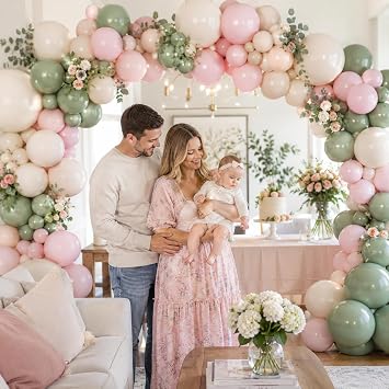 122PCS Dusty Pink and Green Balloon Arch for Spring Wedding Decorations