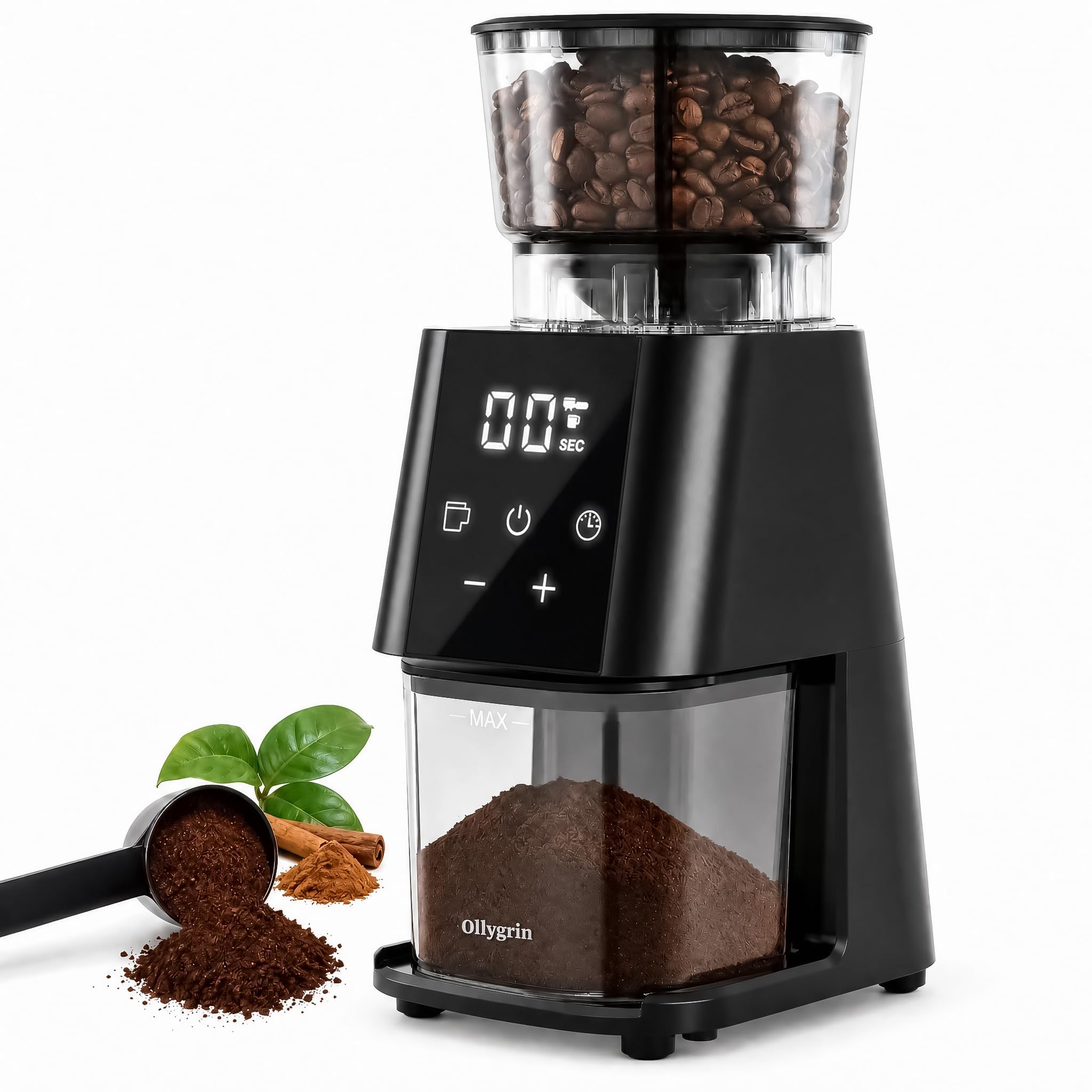 Photo 1 of Ollygrin Electric Conical Burr Coffee Grinder, 30 Precise Grind Settings for Espresso, Drip & French Press, Compact Burr Mill with Touchscreen Control, Anti-Static & Easy Cleaning, Black