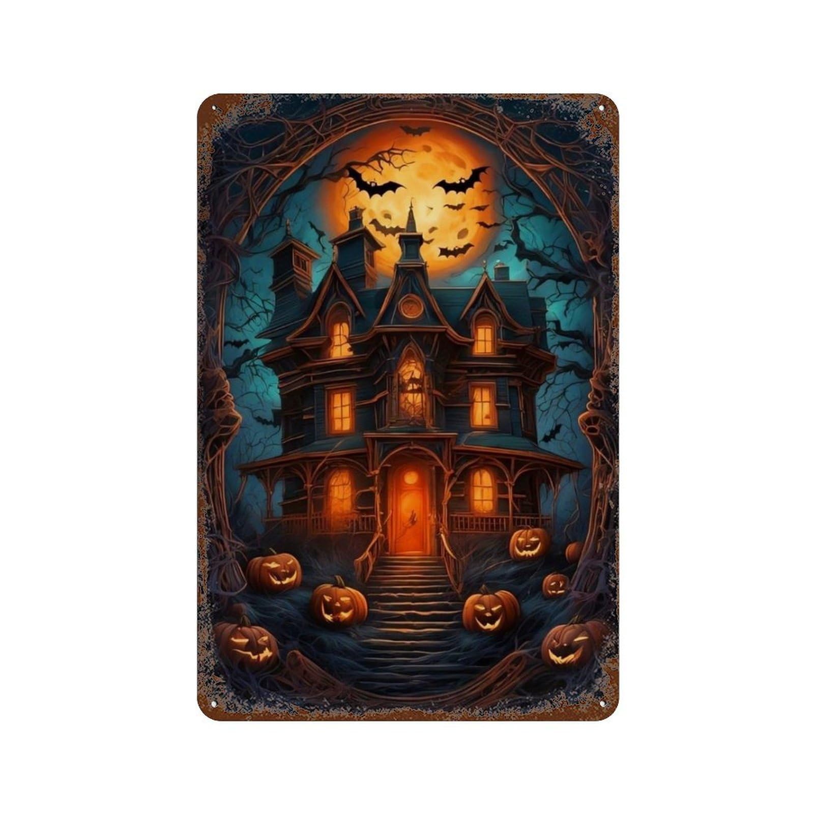 Garage Style Spooky Halloween Haunted House Rustic Tin Plaque 11.8"x7.9", Vintage Wall Decor for Bar And Workshop
