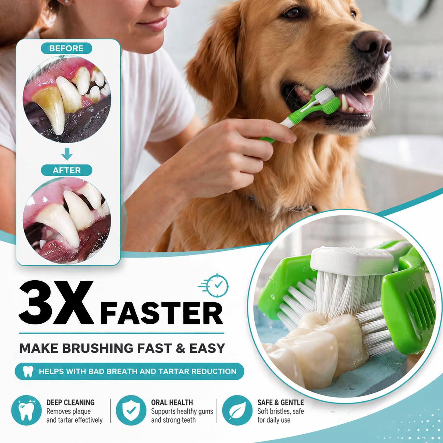 Dog Toothbrush, 360 Degree Finger Toothbrushes, Triple Head Toothbrushes, Double Head Toothbrush,Cleaning Brushes for Dog Cat Oral Dental Health (Blue, L) - image 2