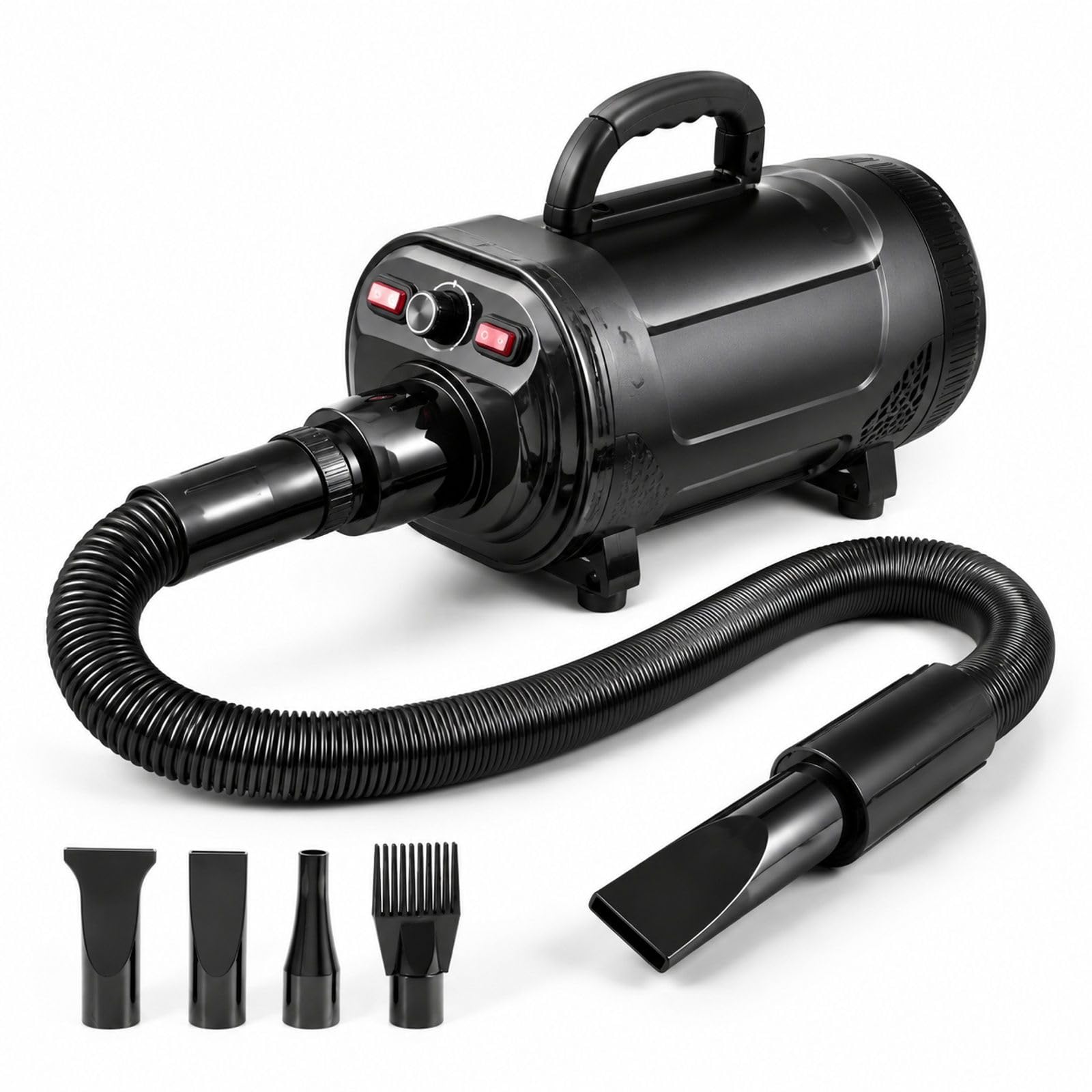 Souffleur séchoir pour chien 2000 W, vitesse d'air 70 m/s réglable, température ajustable, 4 buses, tuyau extensible, toilettage des animaux, noir, fer et ABS
