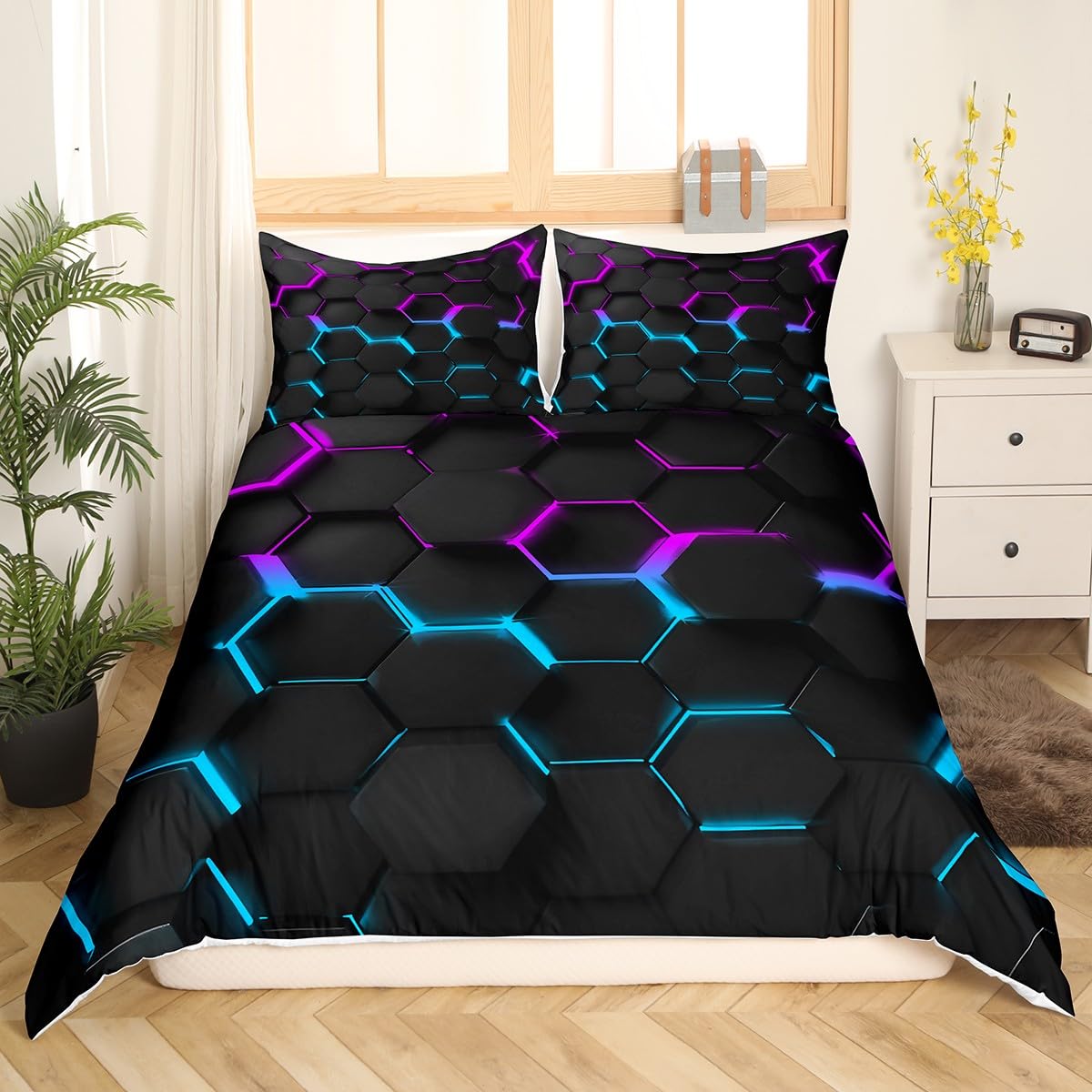 Manfei Honeycomb Duvet Cover Set Super King Size,Geometric Hexagon Bedding Sets 3Pcs for Kids Girls Boys Adult Room Decor,Purple Blue Comforter Cover 3D Print Quilt Cover,2 Pillowcases โ image 1
