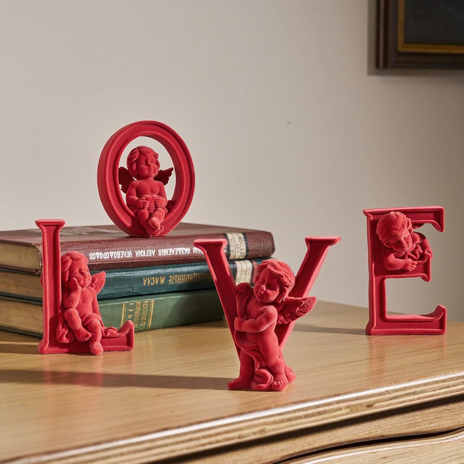 Cupid Statue Velvet Flocked Sculpture Anniversary Wedding Gifts, Cherub Angels Statue Romantic Love Figurine Modern Art Decor for Living Room, Bookshelf, Coffee Table Decor (Red)