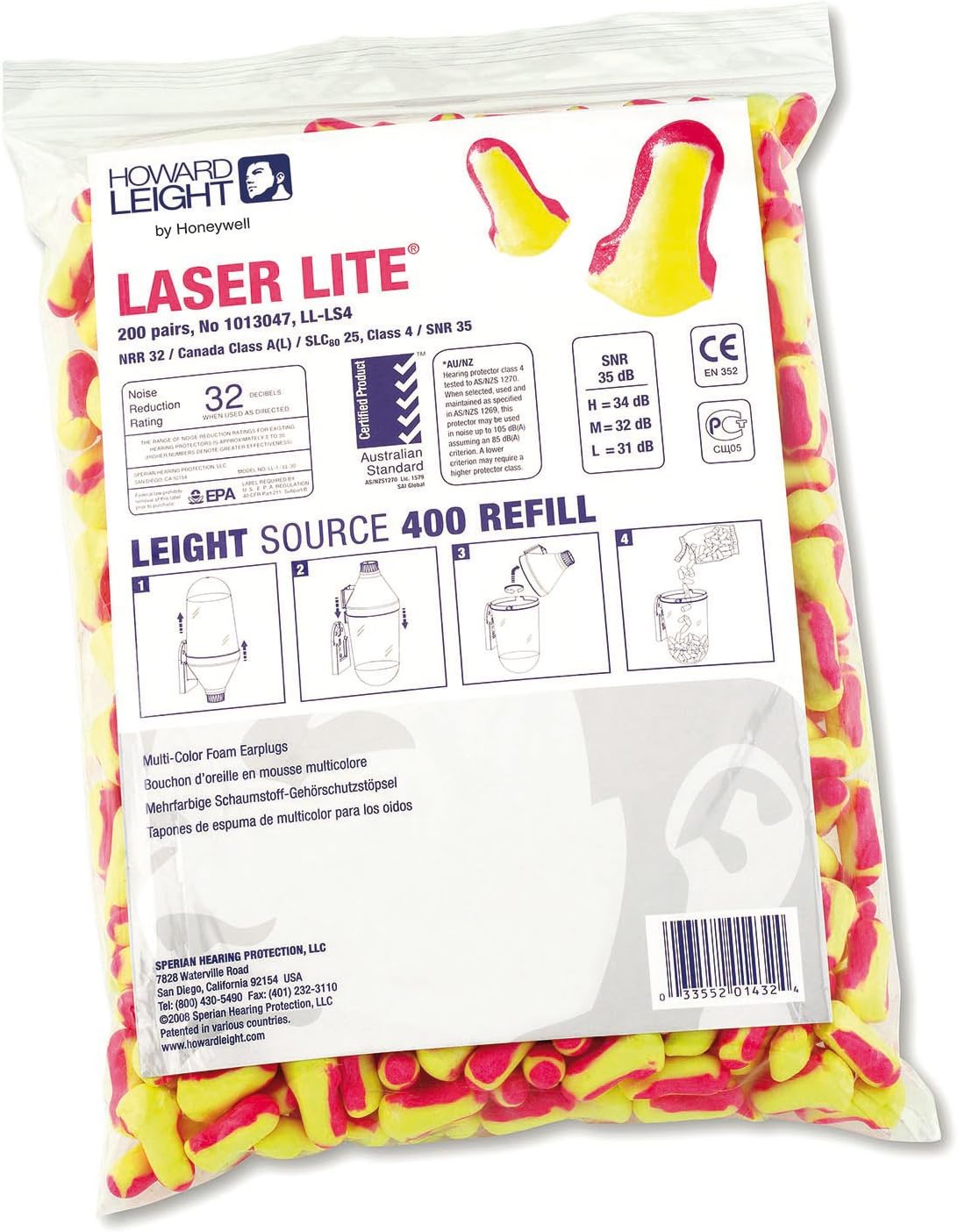 Howard Leight by Honeywell Laser-Lite Single-Use Earplug Refill Pack, SNR 35, 200 pairs